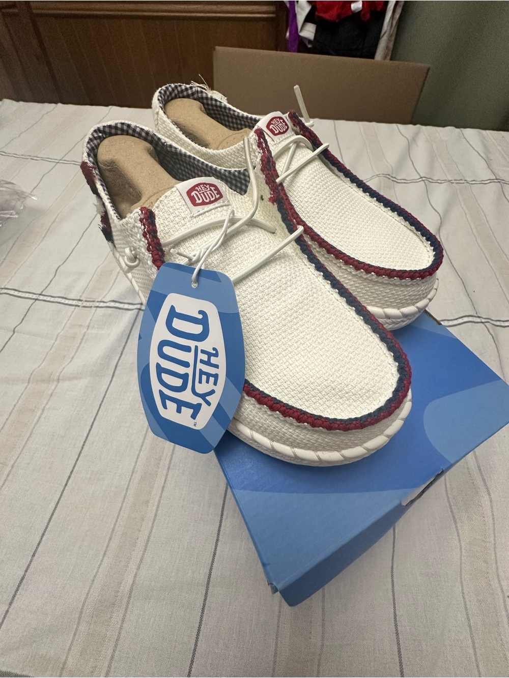 Hey Dude White Knit Slip-On Sneakers with Red and Navy Braided Trim